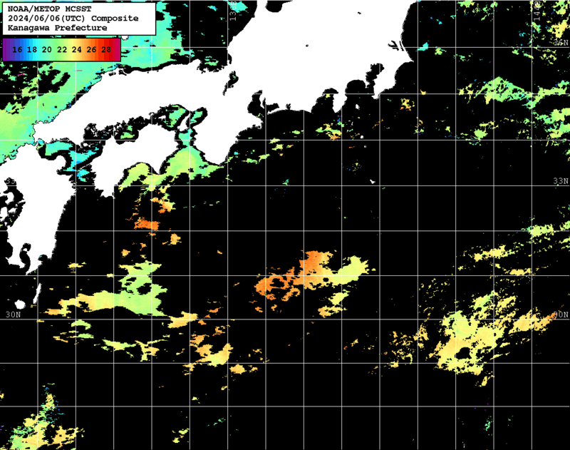 NOAA、MetOp 人工衛星画像 検索結果, 水温分布を図示