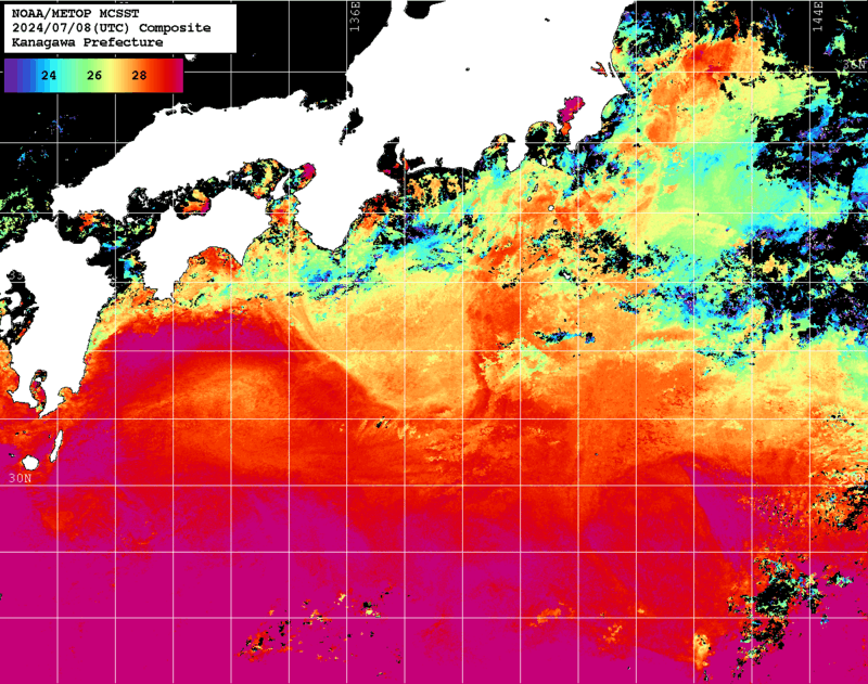 NOAA、MetOp 人工衛星画像 検索結果, 水温分布を図示