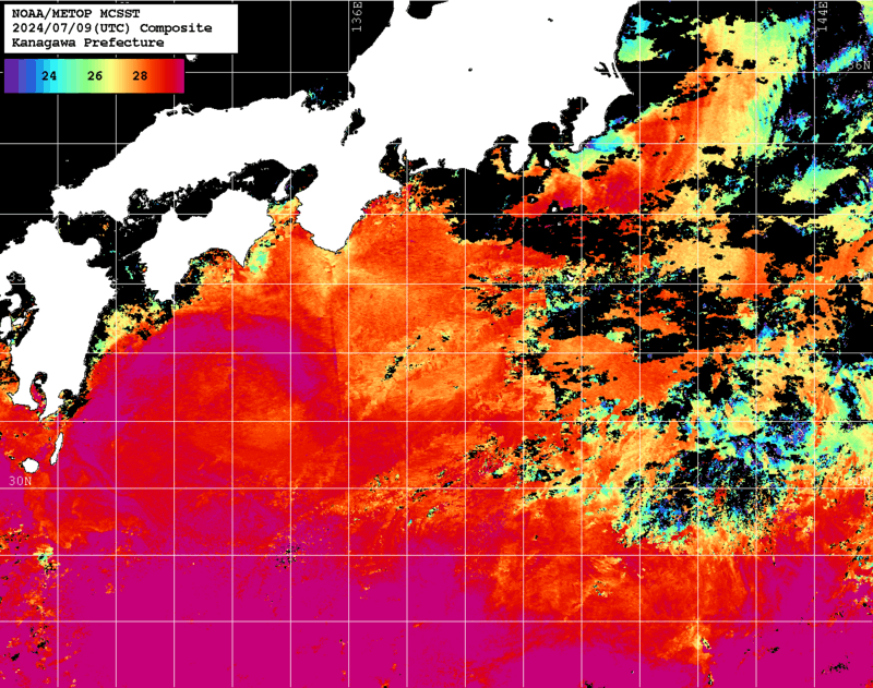 NOAA、MetOp 人工衛星画像 検索結果, 水温分布を図示