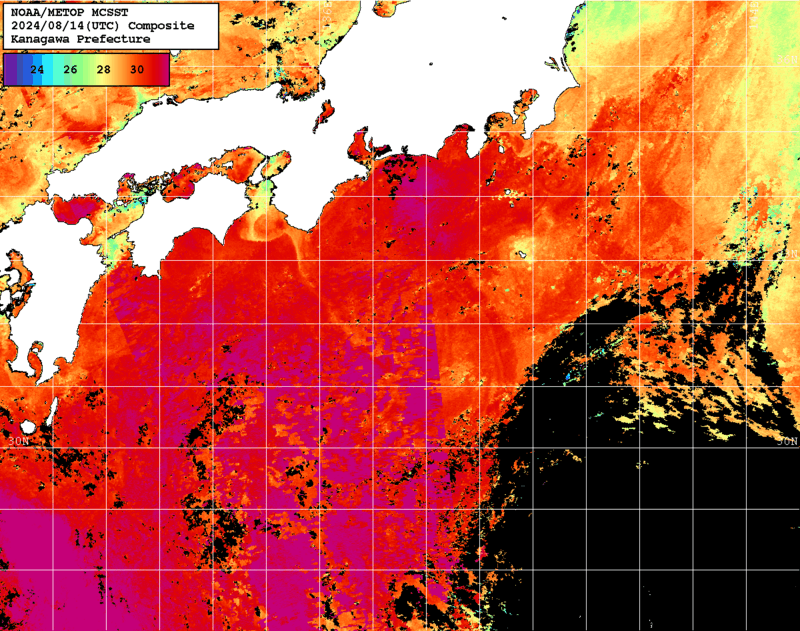 NOAA、MetOp 人工衛星画像 検索結果, 水温分布を図示