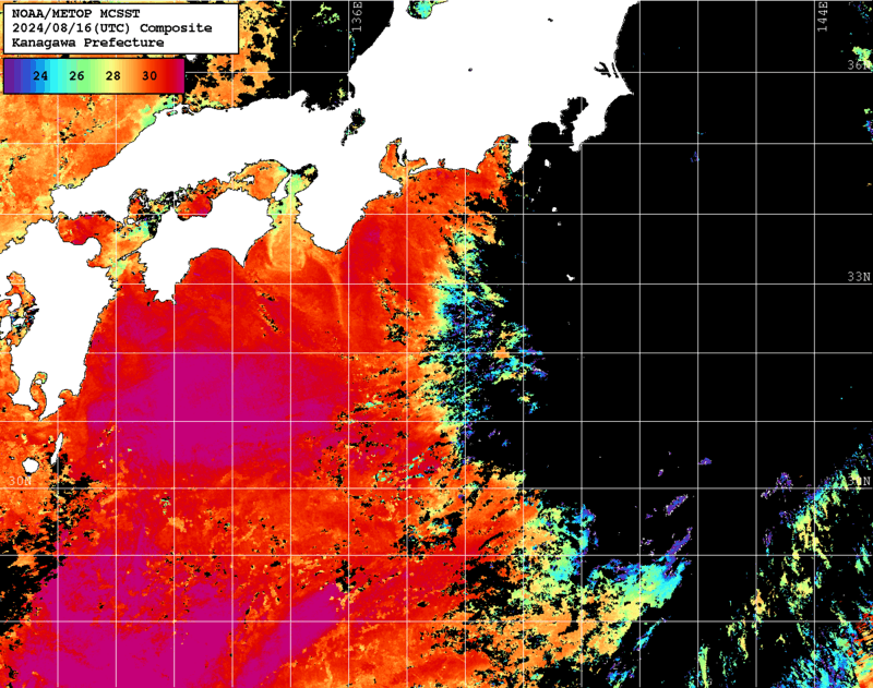 NOAA、MetOp 人工衛星画像 検索結果, 水温分布を図示