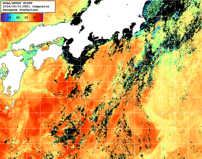 NOAA、MetOp 人工衛星画像 検索結果, 水温分布を図示