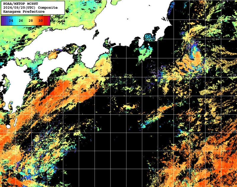 NOAA、MetOp 人工衛星画像 検索結果, 水温分布を図示