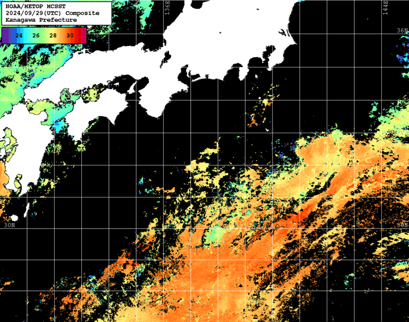 NOAA、MetOp 人工衛星画像 検索結果, 水温分布を図示