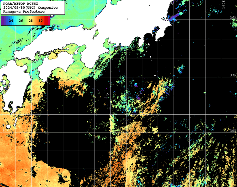 NOAA、MetOp 人工衛星画像 検索結果, 水温分布を図示