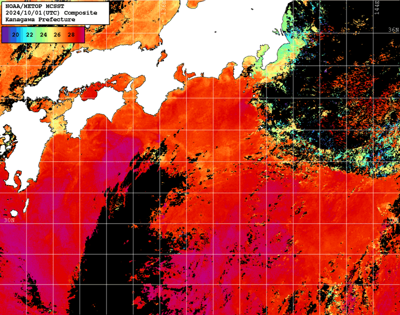 NOAA、MetOp 人工衛星画像 検索結果, 水温分布を図示