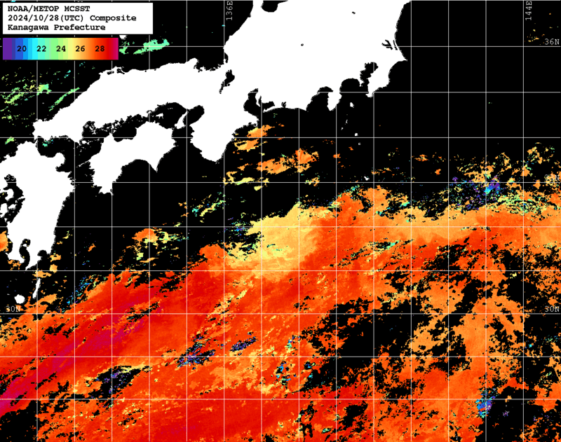 NOAA、MetOp 人工衛星画像 検索結果, 水温分布を図示