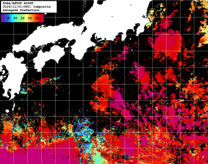 NOAA、MetOp 人工衛星画像 検索結果, 水温分布を図示