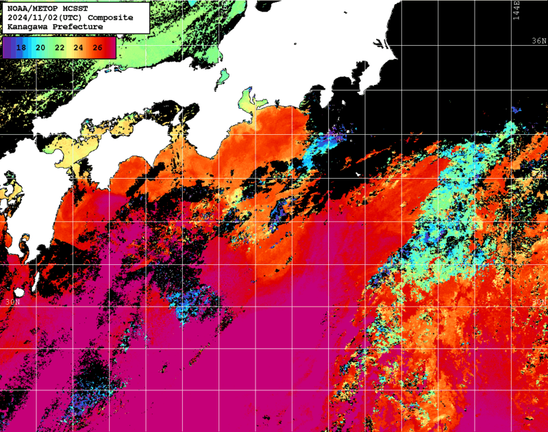 NOAA、MetOp 人工衛星画像 検索結果, 水温分布を図示