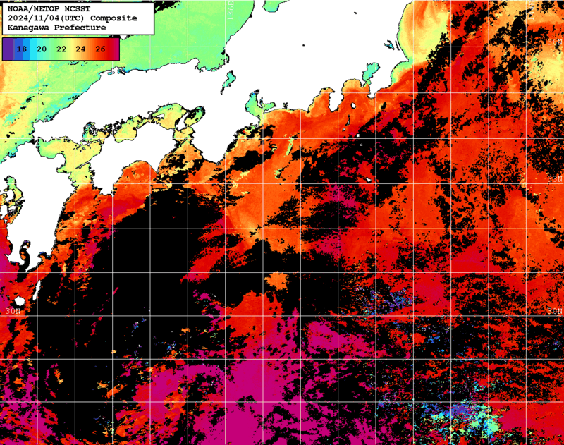 NOAA、MetOp 人工衛星画像 検索結果, 水温分布を図示