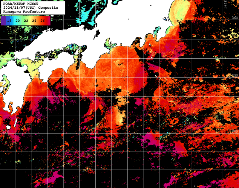 NOAA、MetOp 人工衛星画像 検索結果, 水温分布を図示