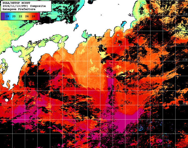 NOAA、MetOp 人工衛星画像 検索結果, 水温分布を図示