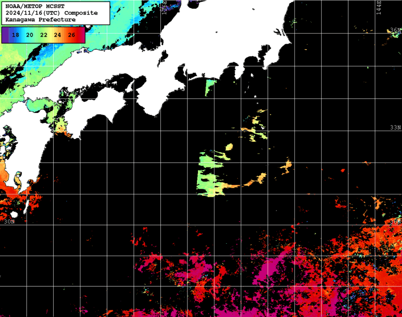 NOAA、MetOp 人工衛星画像 検索結果, 水温分布を図示