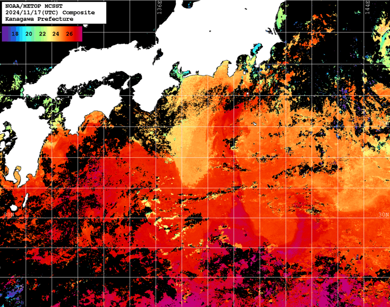 NOAA、MetOp 人工衛星画像 検索結果, 水温分布を図示