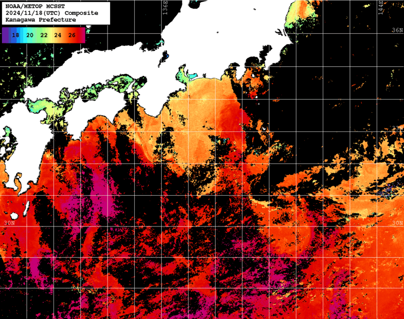 NOAA、MetOp 人工衛星画像 検索結果, 水温分布を図示