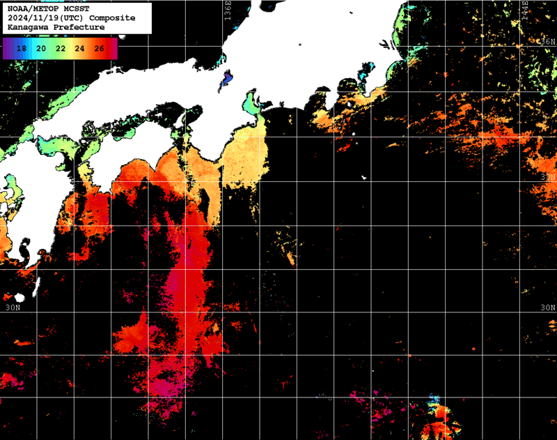 NOAA、MetOp 人工衛星画像 検索結果, 水温分布を図示