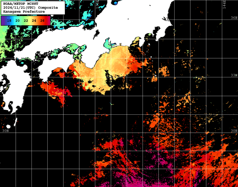 NOAA、MetOp 人工衛星画像 検索結果, 水温分布を図示