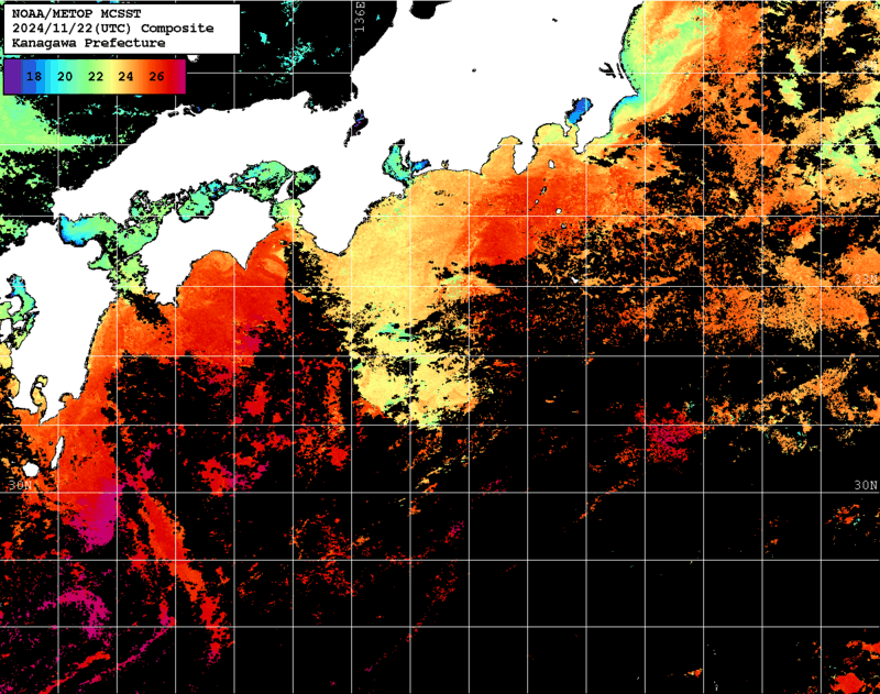 NOAA、MetOp 人工衛星画像 検索結果, 水温分布を図示