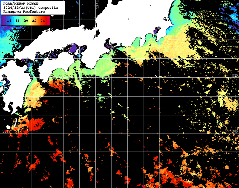 NOAA、MetOp 人工衛星画像 検索結果, 水温分布を図示