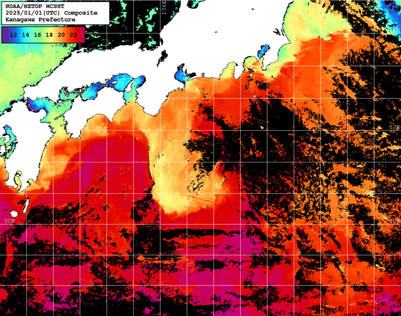 NOAA、MetOp 人工衛星画像 検索結果, 水温分布を図示