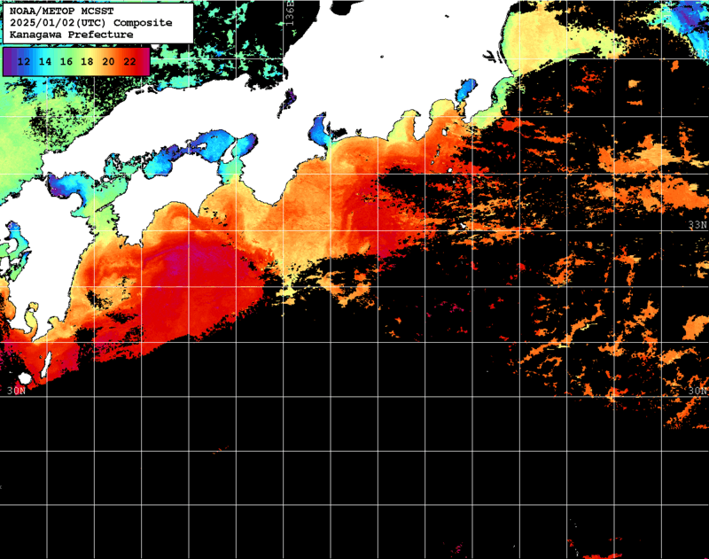 NOAA、MetOp 人工衛星画像 検索結果, 水温分布を図示