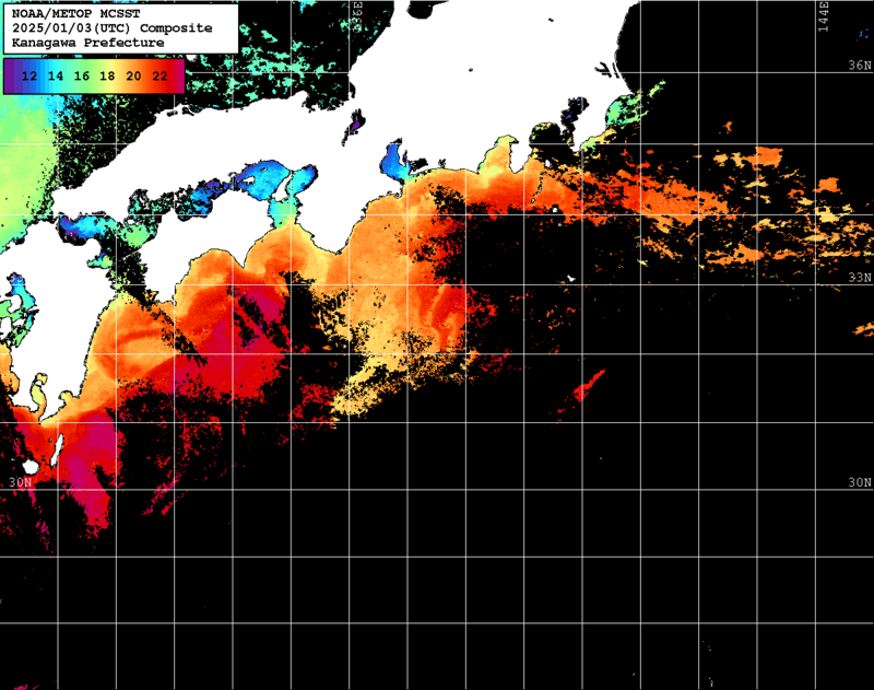 NOAA、MetOp 人工衛星画像 検索結果, 水温分布を図示