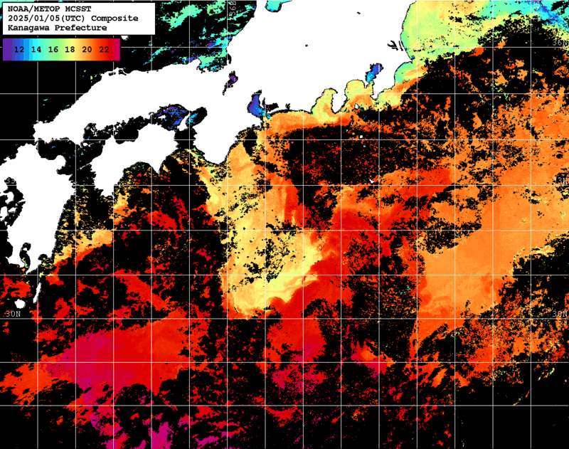 NOAA、MetOp 人工衛星画像 検索結果, 水温分布を図示