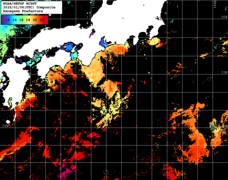 NOAA、MetOp 人工衛星画像 検索結果, 水温分布を図示