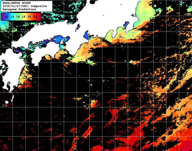NOAA、MetOp 人工衛星画像 検索結果, 水温分布を図示