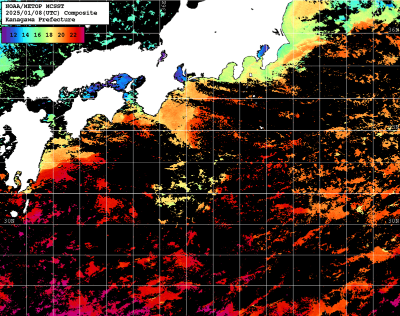 NOAA、MetOp 人工衛星画像 検索結果, 水温分布を図示