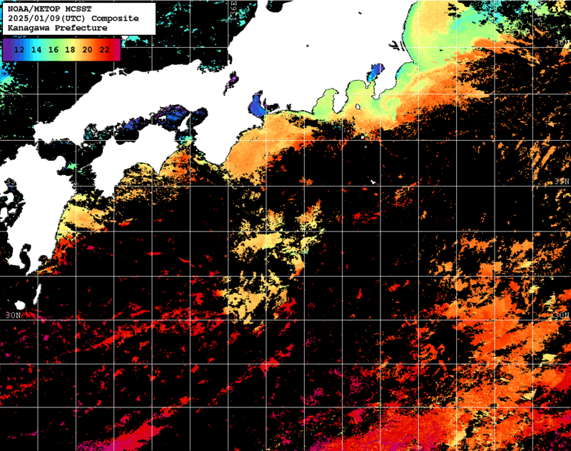 NOAA、MetOp 人工衛星画像 検索結果, 水温分布を図示
