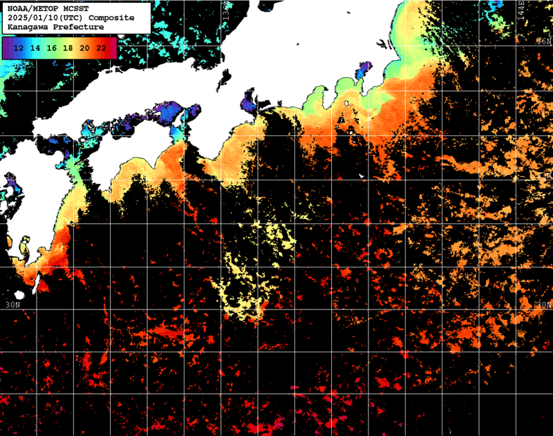 NOAA、MetOp 人工衛星画像 検索結果, 水温分布を図示