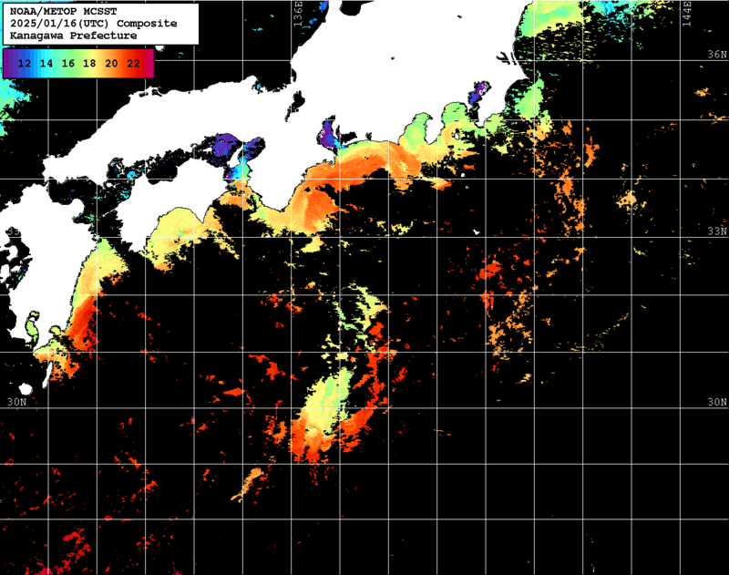 NOAA、MetOp 人工衛星画像 検索結果, 水温分布を図示