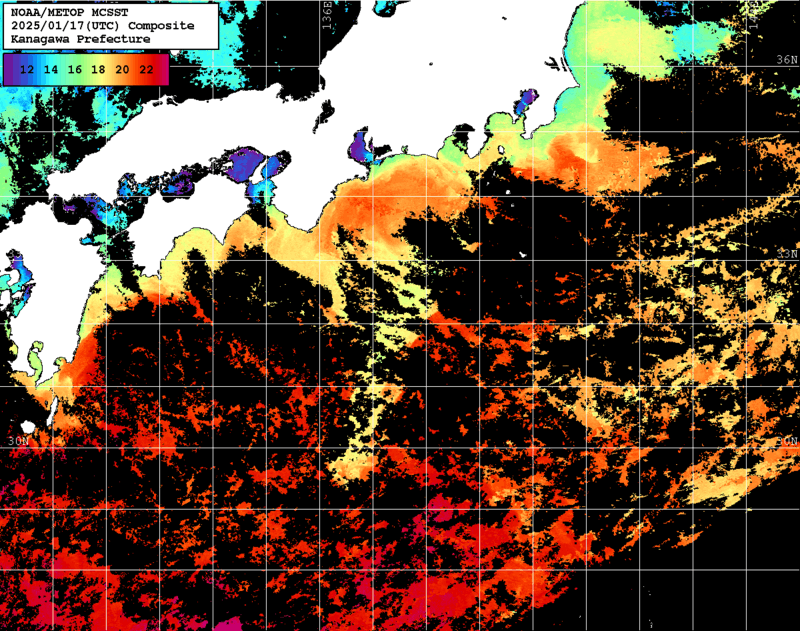 NOAA、MetOp 人工衛星画像 検索結果, 水温分布を図示