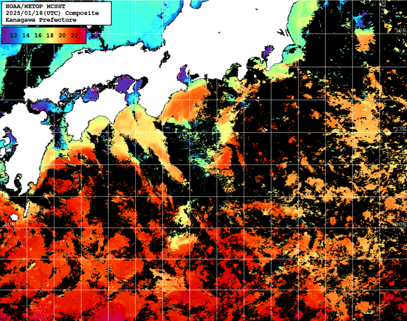 NOAA、MetOp 人工衛星画像 検索結果, 水温分布を図示