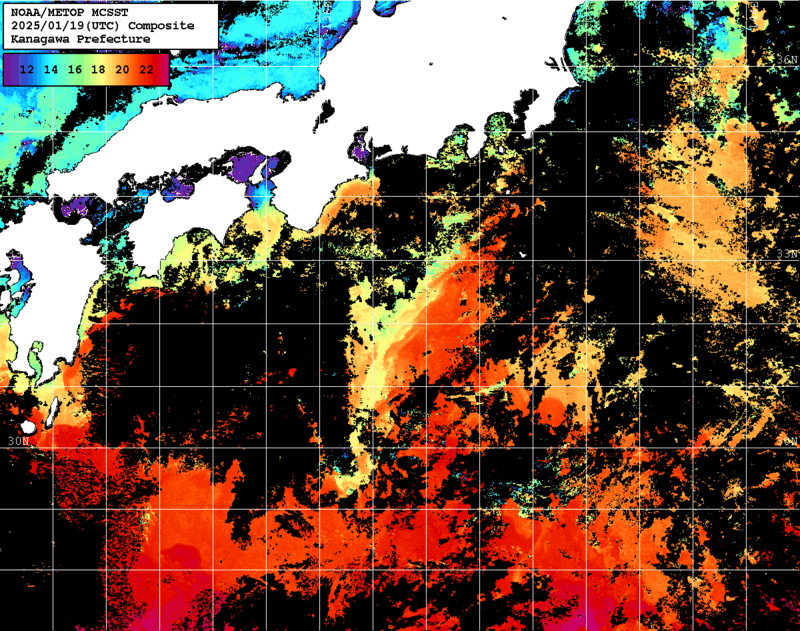 NOAA、MetOp 人工衛星画像 検索結果, 水温分布を図示