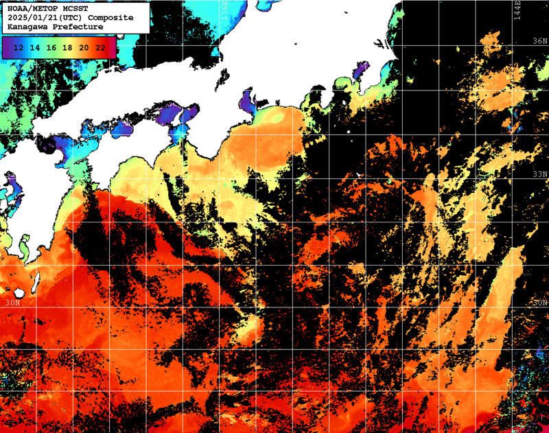 NOAA、MetOp 人工衛星画像 検索結果, 水温分布を図示