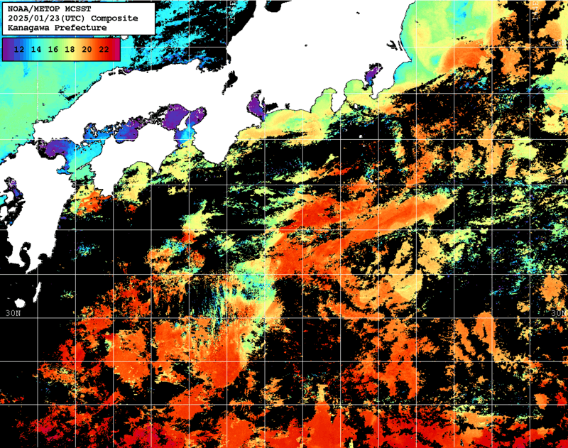 NOAA、MetOp 人工衛星画像 検索結果, 水温分布を図示