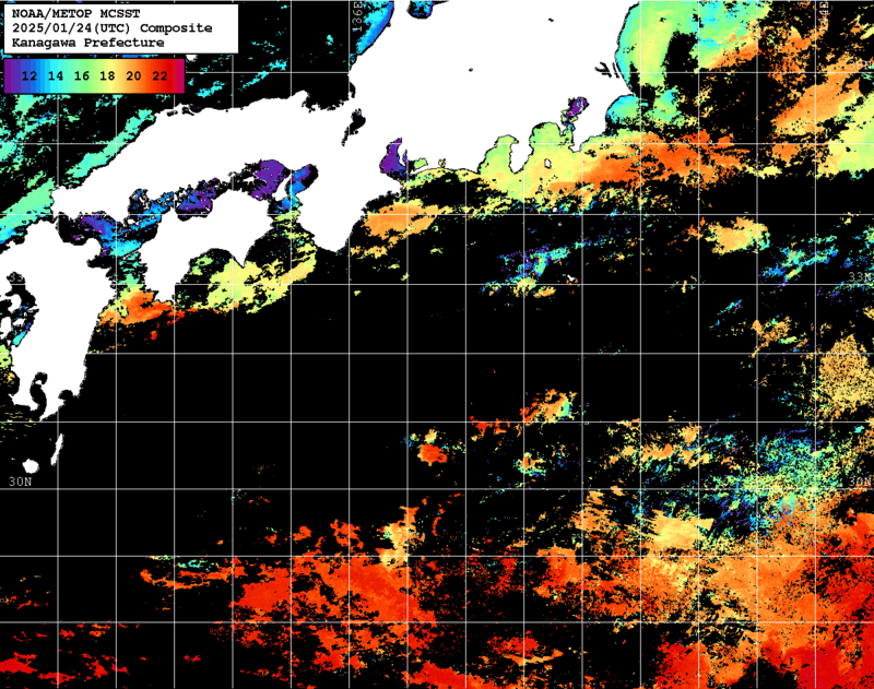 NOAA、MetOp 人工衛星画像 検索結果, 水温分布を図示