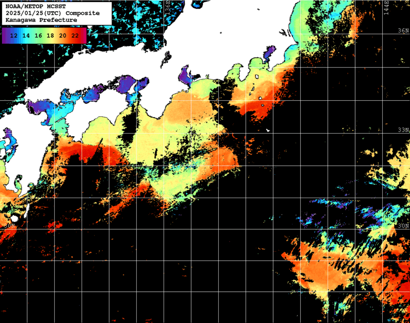 NOAA、MetOp 人工衛星画像 検索結果, 水温分布を図示