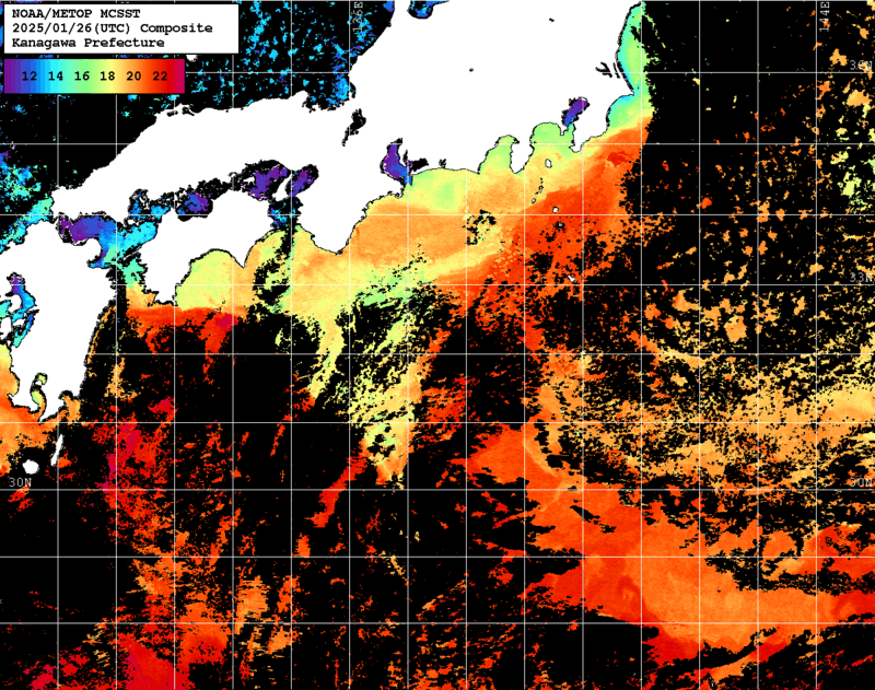 NOAA、MetOp 人工衛星画像 検索結果, 水温分布を図示