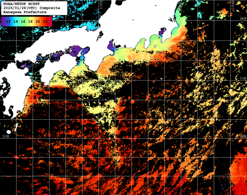 NOAA、MetOp 人工衛星画像 検索結果, 水温分布を図示