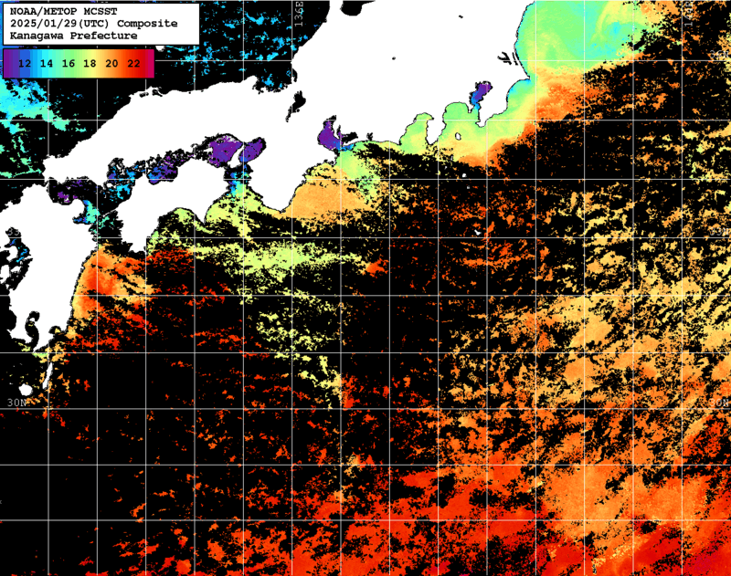 NOAA、MetOp 人工衛星画像 検索結果, 水温分布を図示