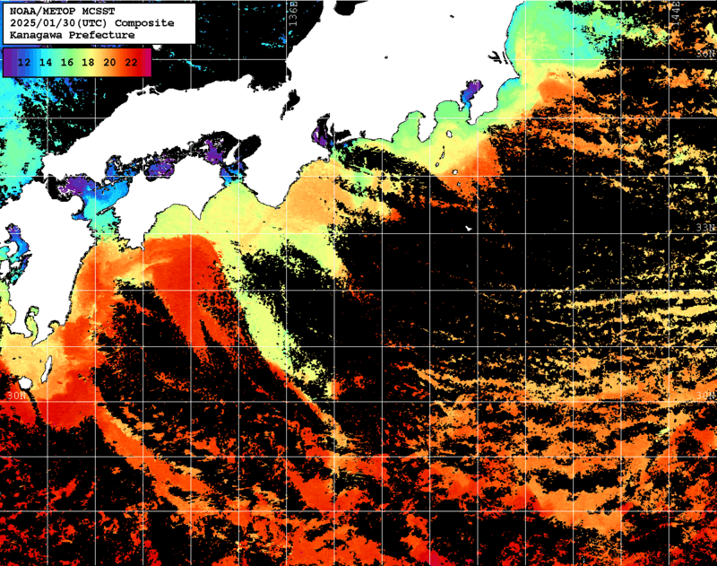 NOAA、MetOp 人工衛星画像 検索結果, 水温分布を図示