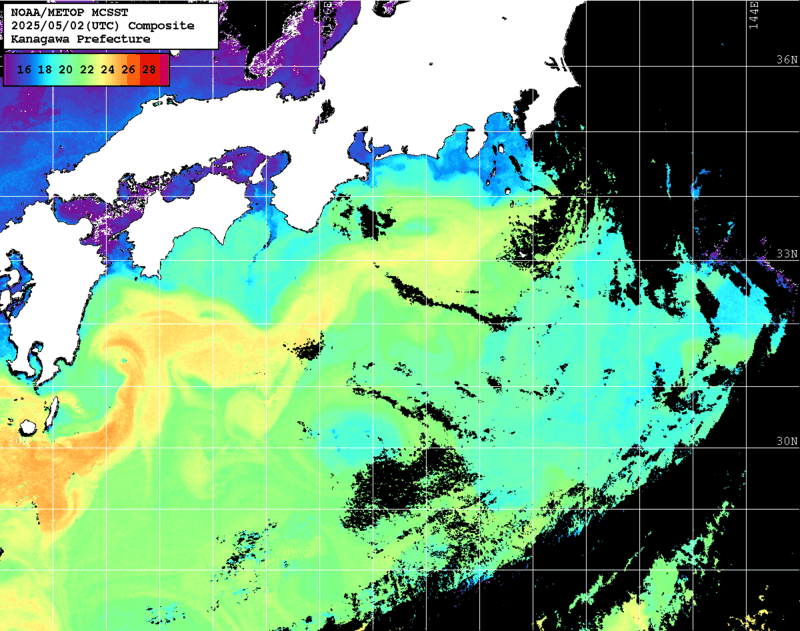 NOAA、MetOp 人工衛星画像 検索結果, 水温分布を図示