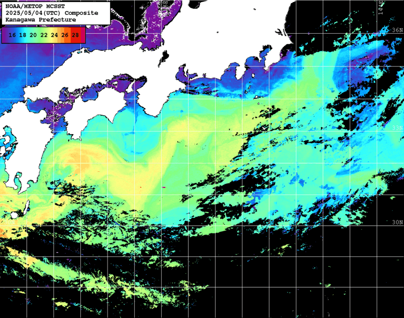 NOAA、MetOp 人工衛星画像 検索結果, 水温分布を図示