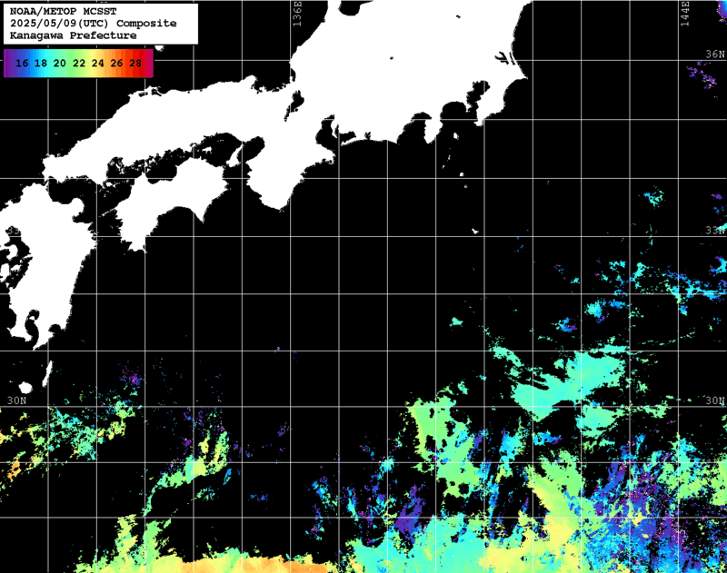 NOAA、MetOp 人工衛星画像 検索結果, 水温分布を図示