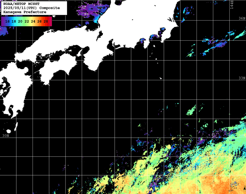 NOAA、MetOp 人工衛星画像 検索結果, 水温分布を図示