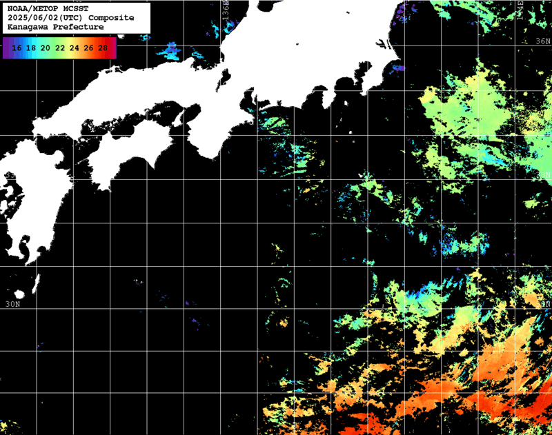 NOAA、MetOp 人工衛星画像 検索結果, 水温分布を図示