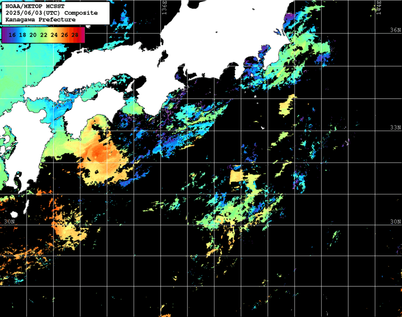 NOAA、MetOp 人工衛星画像 検索結果, 水温分布を図示